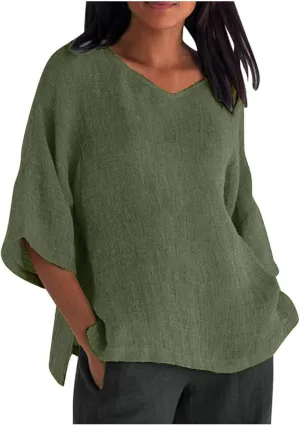 Women's 3/4 Sleeve Cotton Linen Tops Summer Plus Size V Neck Button T-Shirt Solid Striped Long Sleeved Shirt Women