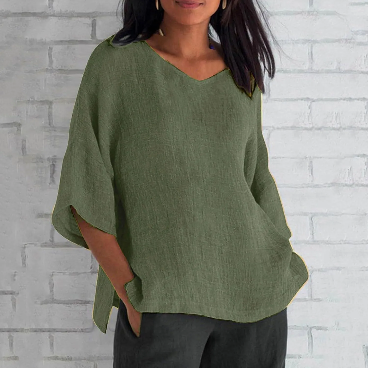 Women's 3/4 Sleeve Cotton Linen Tops Summer Plus Size V Neck Button T-Shirt Solid Striped Long Sleeved Shirt Women