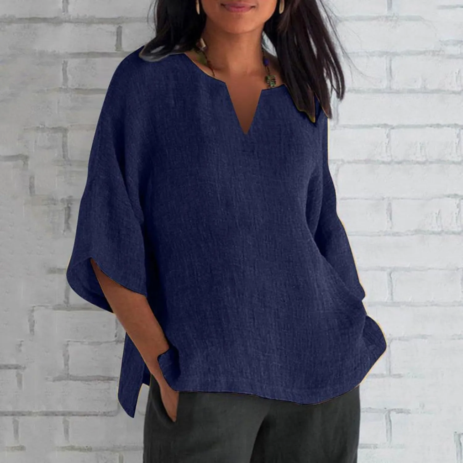 Women's 3/4 Sleeve Cotton Linen Tops Summer Plus Size V Neck Button T-Shirt Solid Striped Long Sleeved Shirt Women