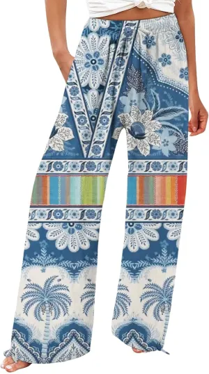 Women's Boho Wide Leg Palazzo Pants Womens Cotton Casual Loose Pants Comfy Work Pants with Long Casual Wide Leg