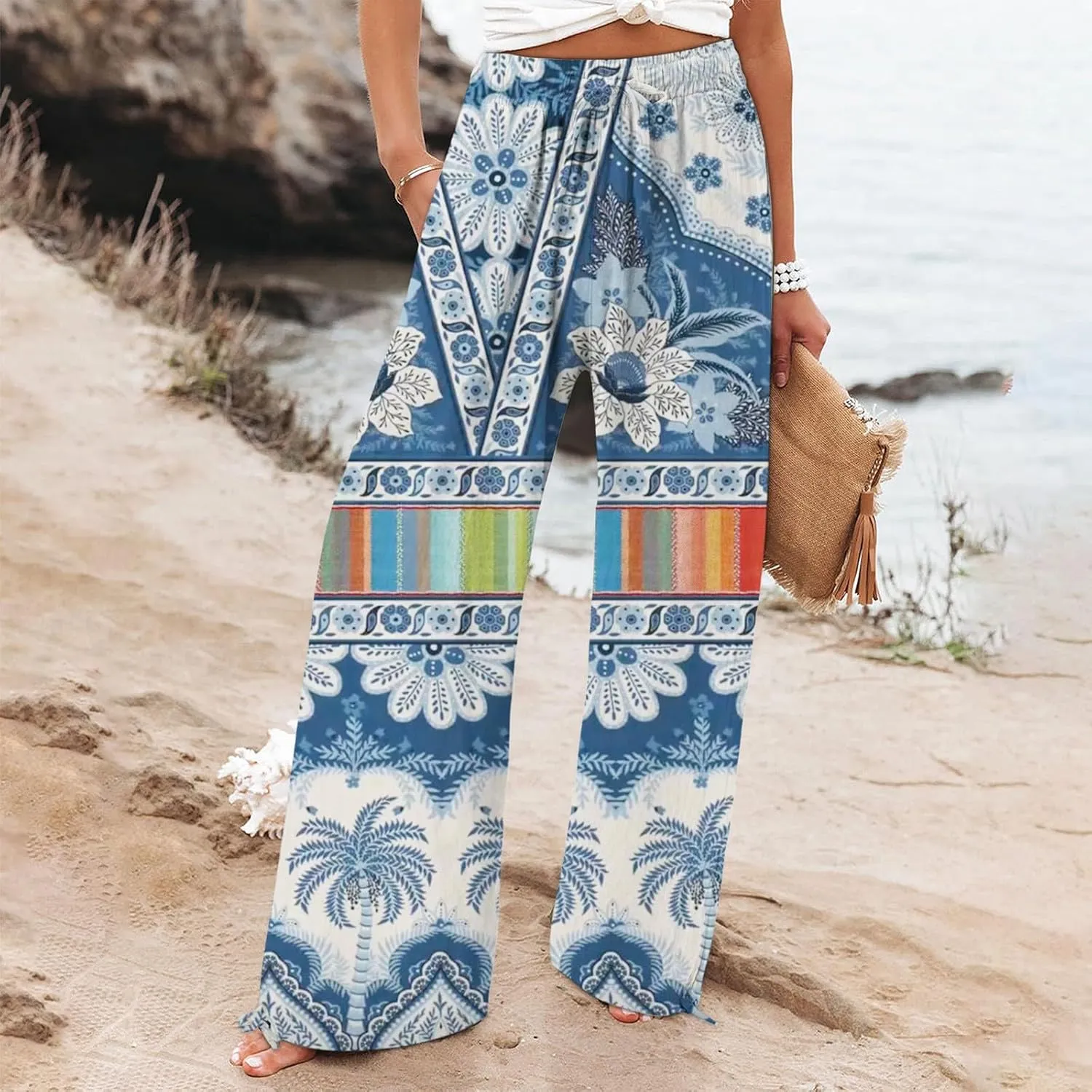 Women's Boho Wide Leg Palazzo Pants Womens Cotton Casual Loose Pants Comfy Work Pants with Long Casual Wide Leg