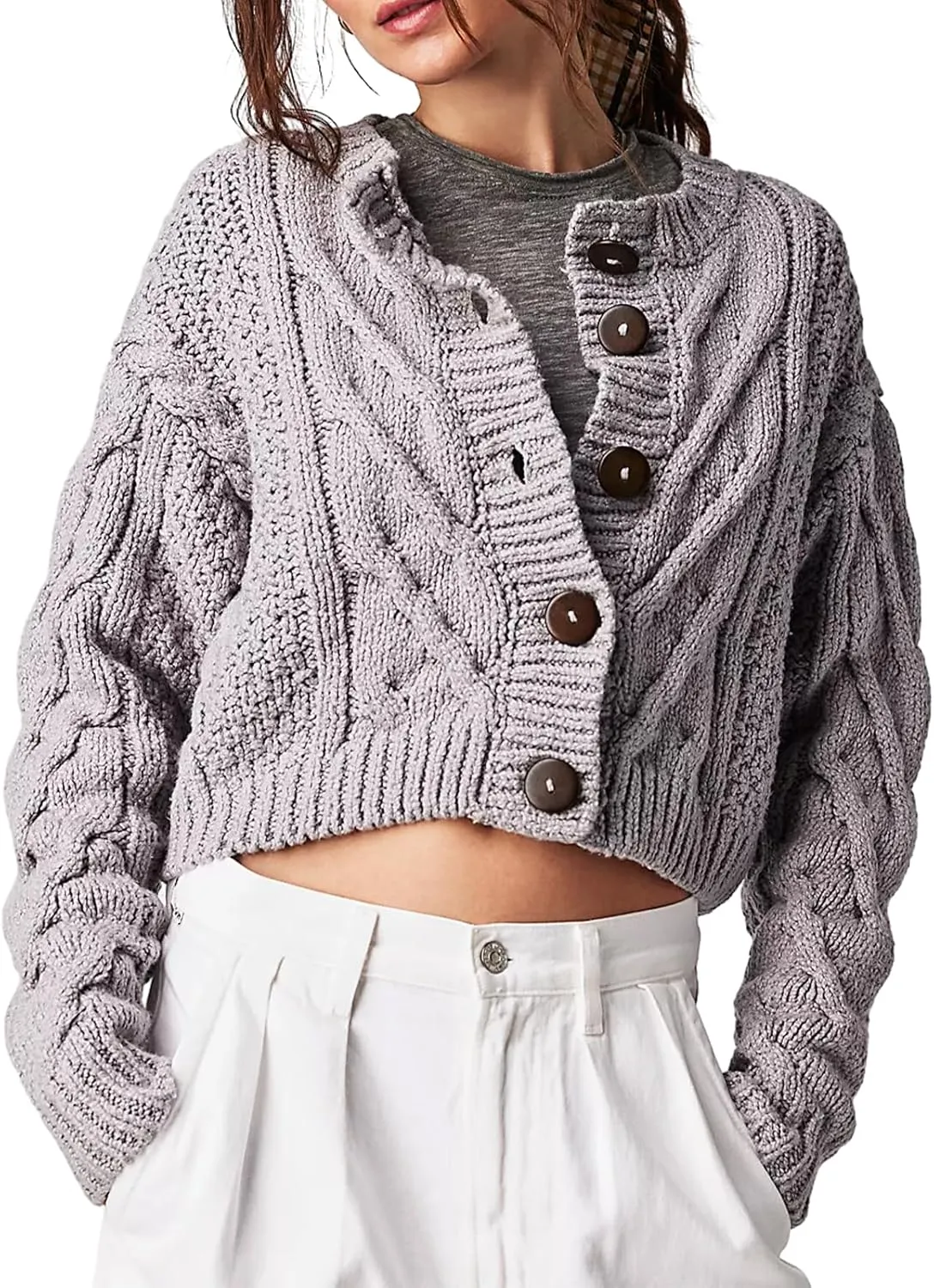 Women's Cable Knit Long Sleeve Sweater Y2K Chunky Button Down Cropped Cardigan Fall Winter Going Out Sweater Coat