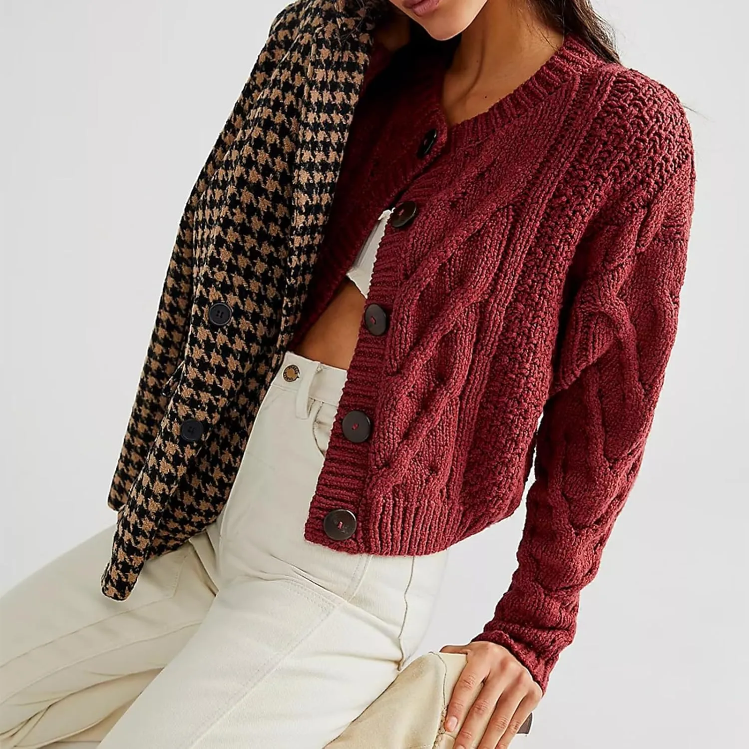 Women's Cable Knit Long Sleeve Sweater Y2K Chunky Button Down Cropped Cardigan Fall Winter Going Out Sweater Coat