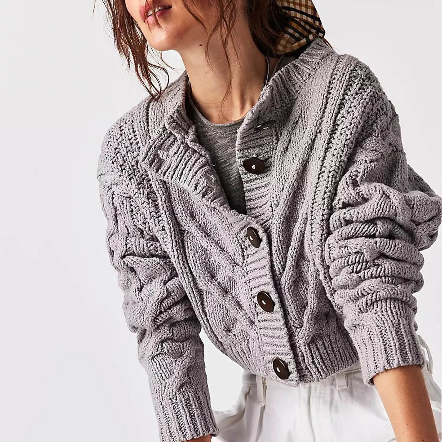 Women's Cable Knit Long Sleeve Sweater Y2K Chunky Button Down Cropped Cardigan Fall Winter Going Out Sweater Coat