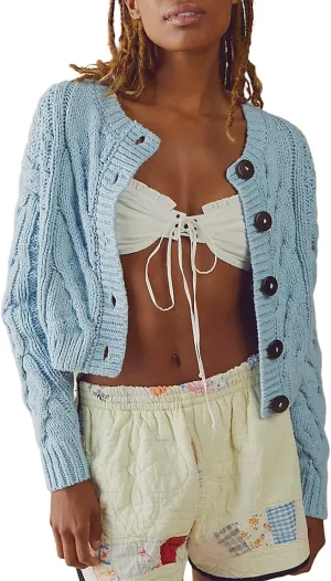 Women's Cable Knit Long Sleeve Sweater Y2K Chunky Button Down Cropped Cardigan Fall Winter Going Out Sweater Coat