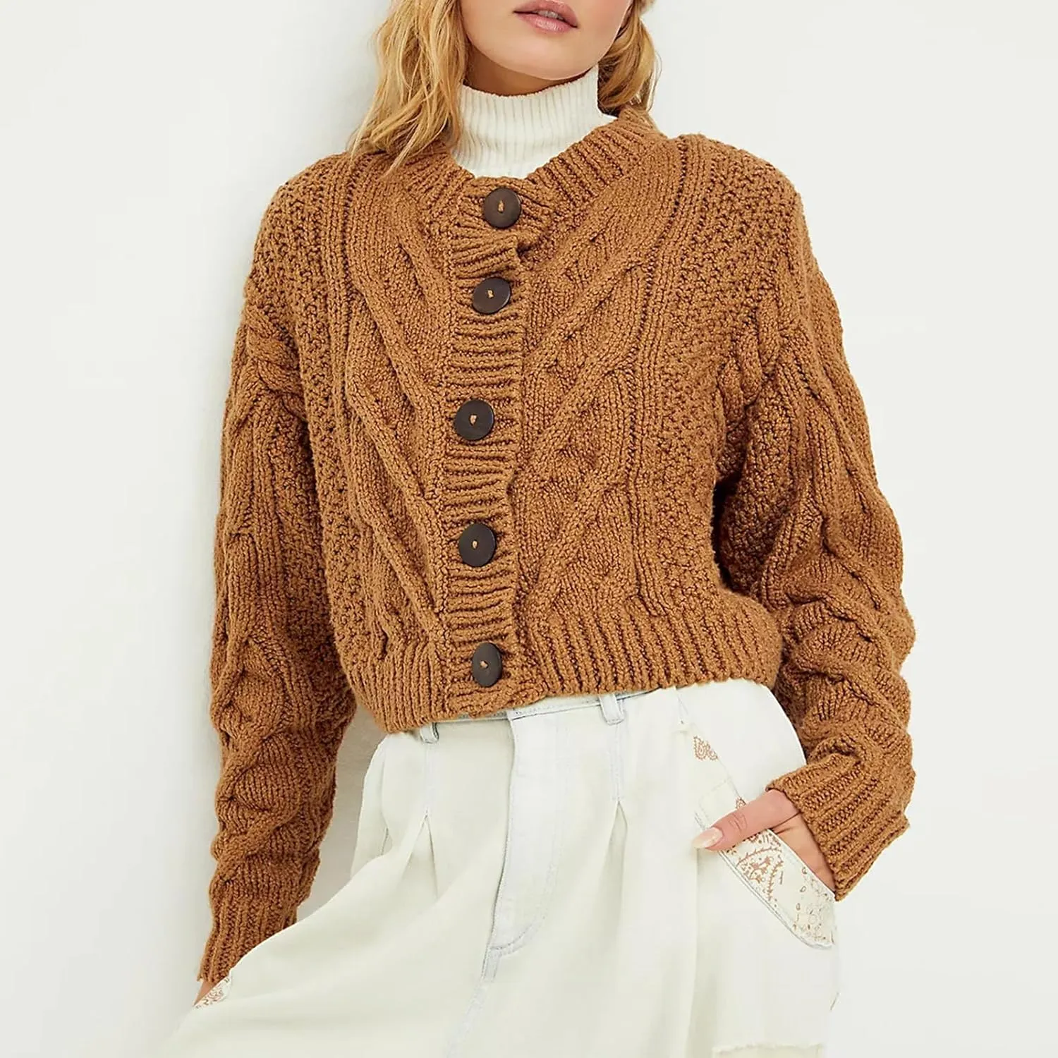 Women's Cable Knit Long Sleeve Sweater Y2K Chunky Button Down Cropped Cardigan Fall Winter Going Out Sweater Coat
