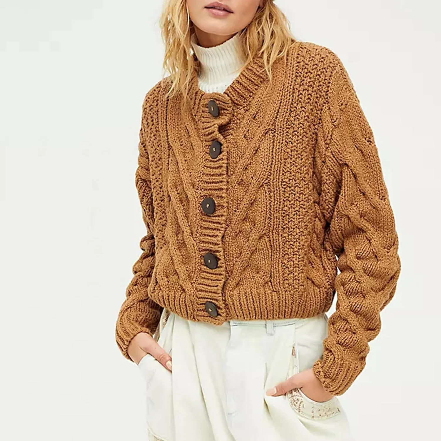 Women's Cable Knit Long Sleeve Sweater Y2K Chunky Button Down Cropped Cardigan Fall Winter Going Out Sweater Coat