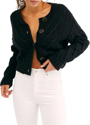 Women's Cable Knit Long Sleeve Sweater Y2K Chunky Button Down Cropped Cardigan Fall Winter Going Out Sweater Coat