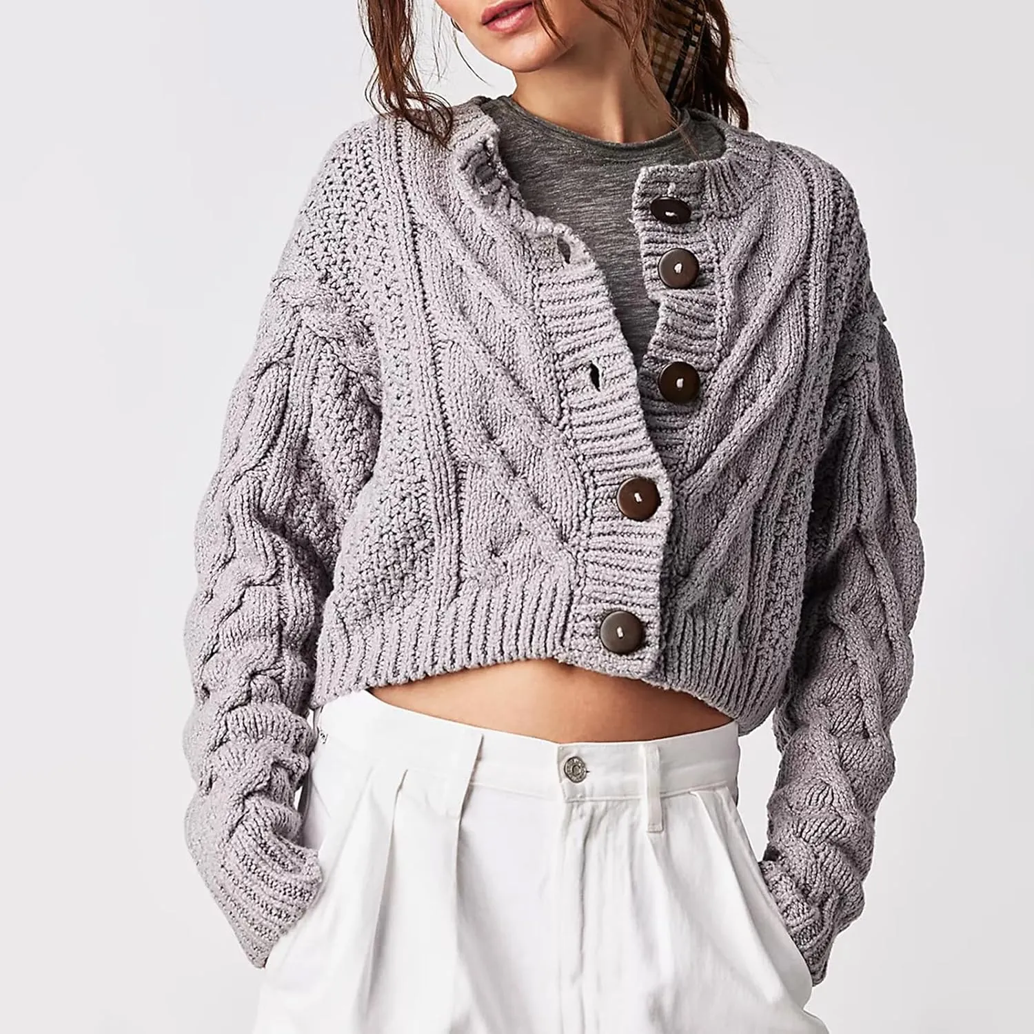 Women's Cable Knit Long Sleeve Sweater Y2K Chunky Button Down Cropped Cardigan Fall Winter Going Out Sweater Coat
