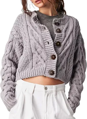 Women's Cable Knit Long Sleeve Sweater Y2K Chunky Button Down Cropped Cardigan Fall Winter Going Out Sweater Coat