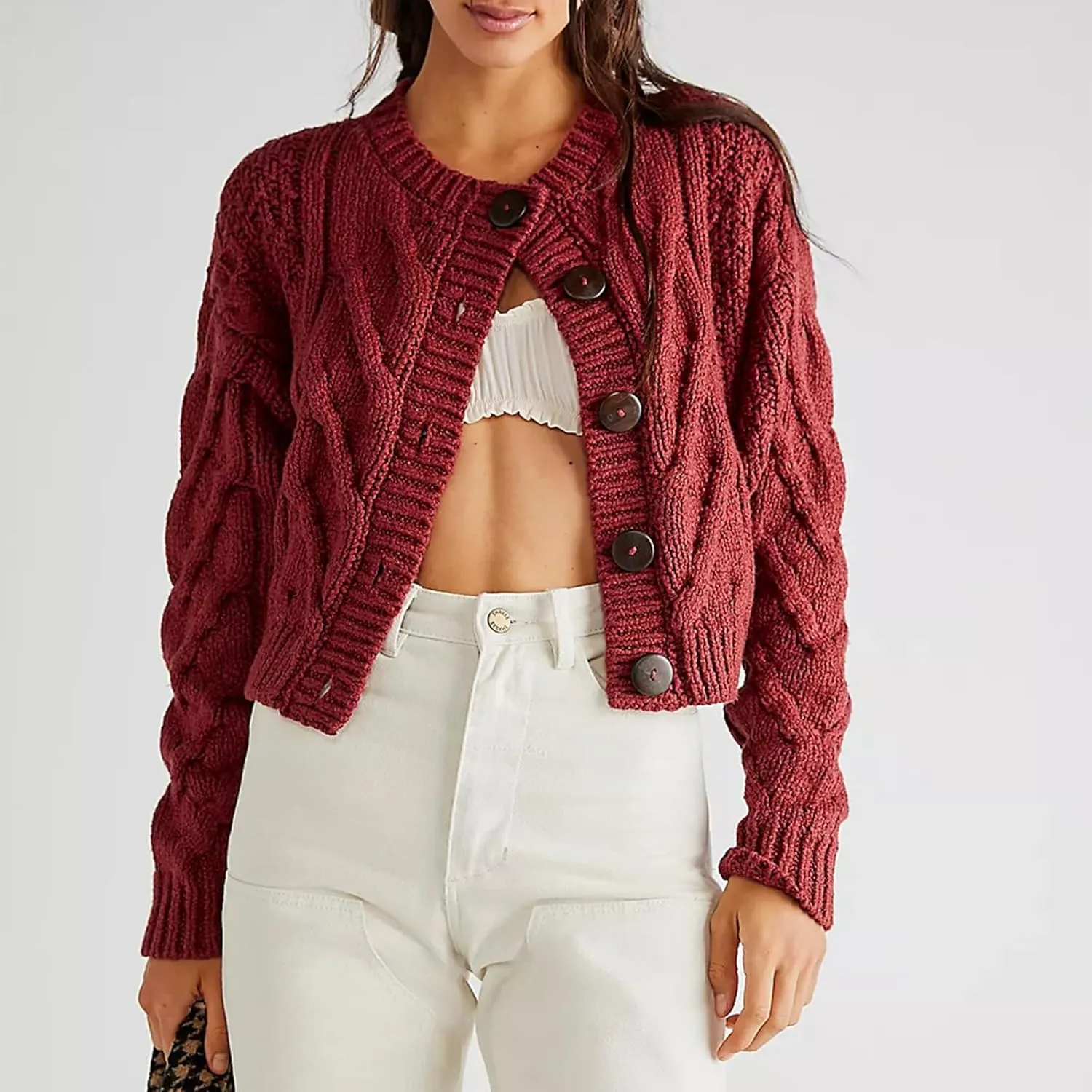 Women's Cable Knit Long Sleeve Sweater Y2K Chunky Button Down Cropped Cardigan Fall Winter Going Out Sweater Coat