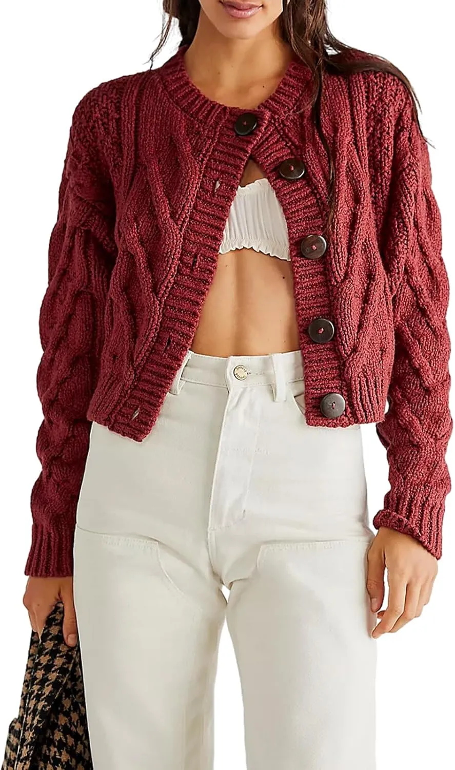 Women's Cable Knit Long Sleeve Sweater Y2K Chunky Button Down Cropped Cardigan Fall Winter Going Out Sweater Coat
