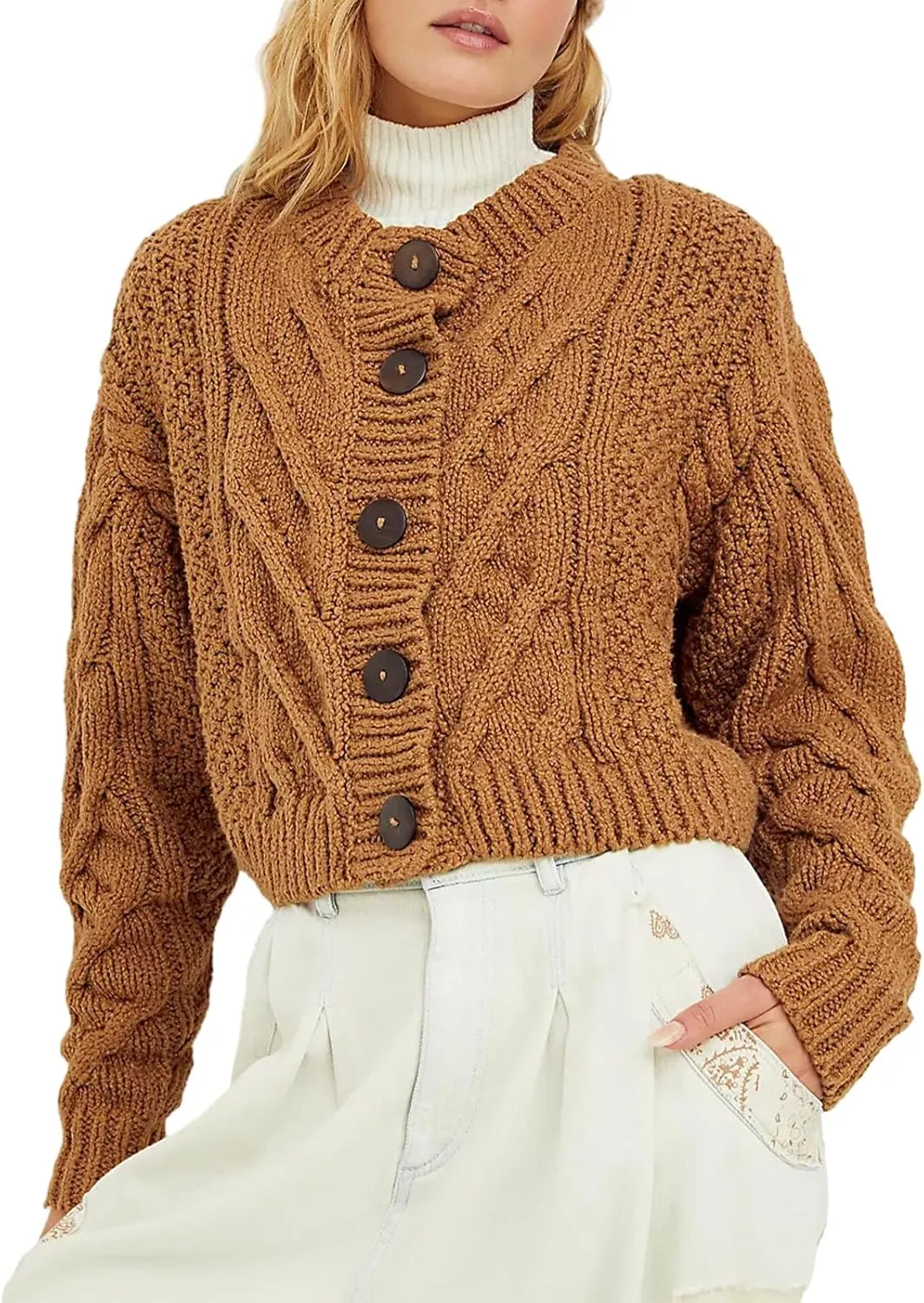 Women's Cable Knit Long Sleeve Sweater Y2K Chunky Button Down Cropped Cardigan Fall Winter Going Out Sweater Coat