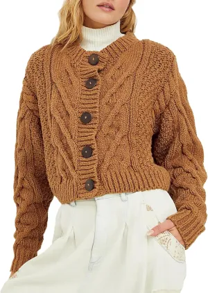 Women's Cable Knit Long Sleeve Sweater Y2K Chunky Button Down Cropped Cardigan Fall Winter Going Out Sweater Coat
