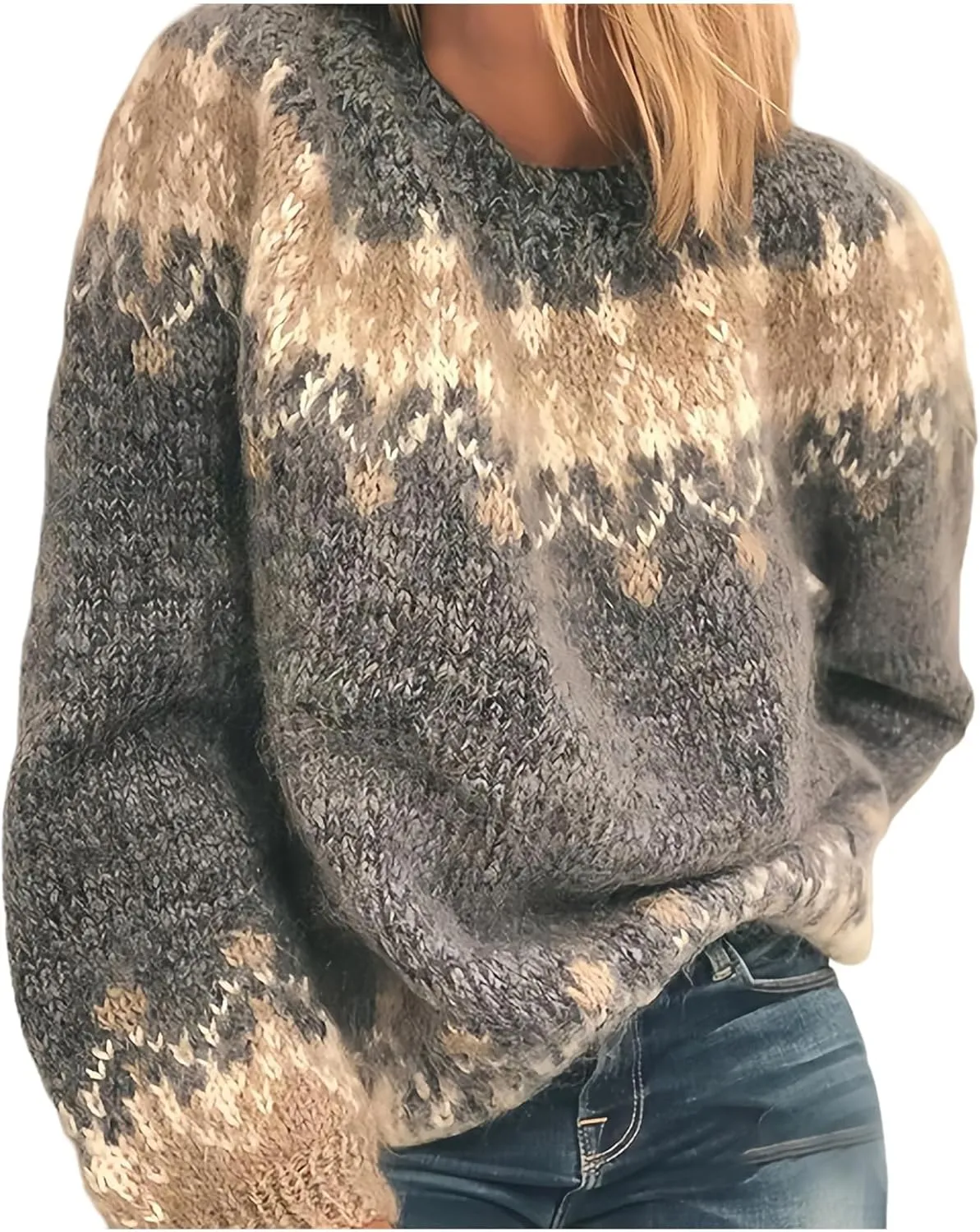 Women's Cable Knit Pullover Sweaters Oversized Chunky Fuzzy Mohair Sweatshirt Crewneck Long Sleeve Jumper Tops