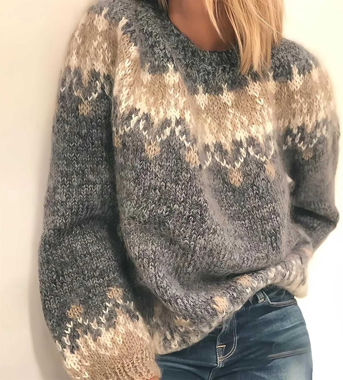 Women's Cable Knit Pullover Sweaters Oversized Chunky Fuzzy Mohair Sweatshirt Crewneck Long Sleeve Jumper Tops