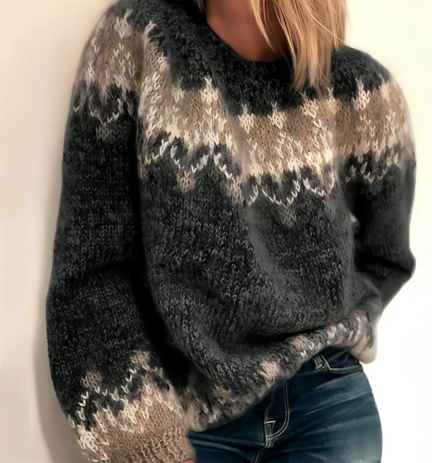 Women's Cable Knit Pullover Sweaters Oversized Chunky Fuzzy Mohair Sweatshirt Crewneck Long Sleeve Jumper Tops
