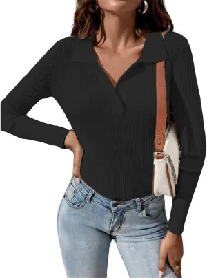 Womens Cable Knit Sweater V Neck Slim Fit Long Sleeve Pullover 2023 Fashion Polo Sweatshirt Lapel Ribbed Shirts