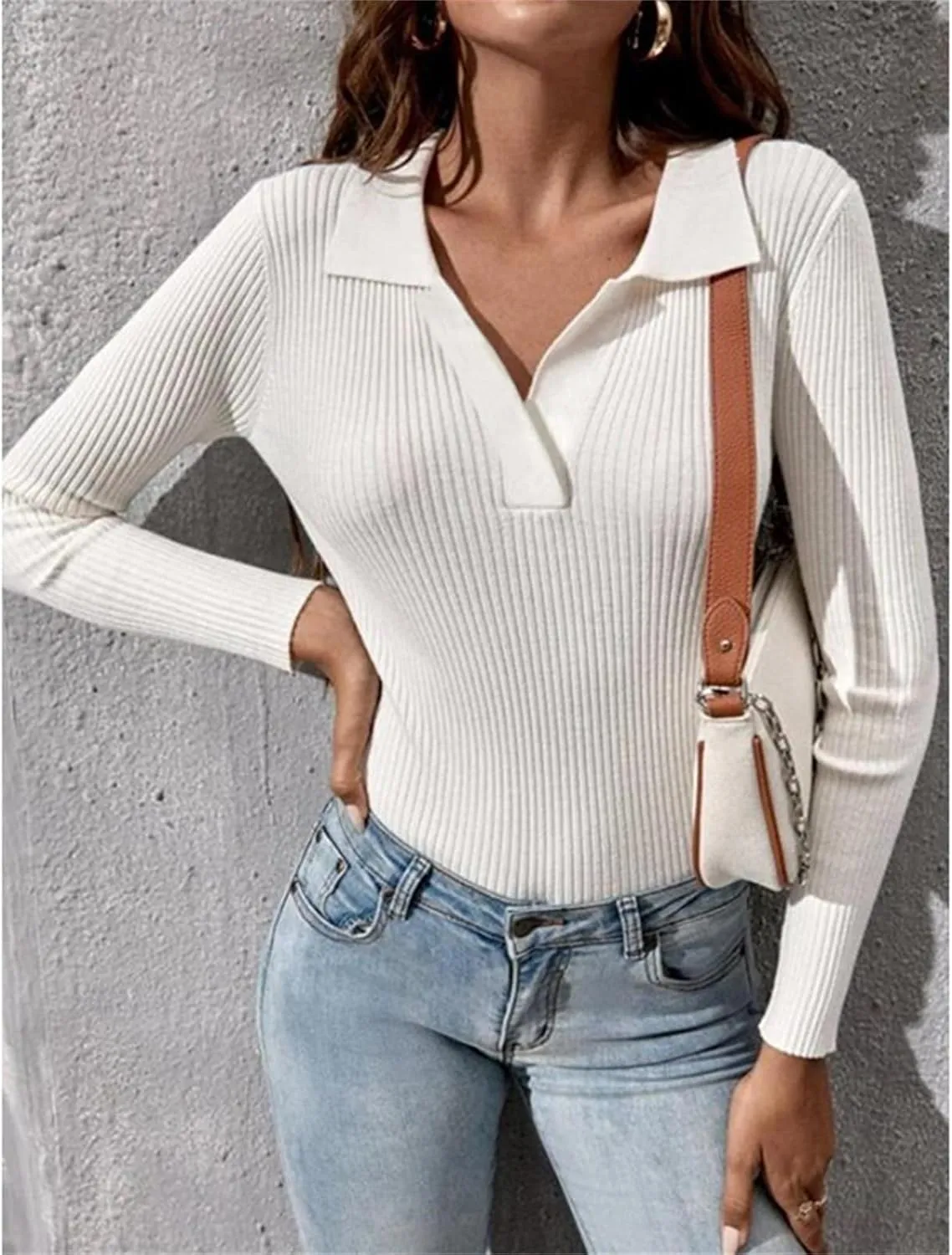 Womens Cable Knit Sweater V Neck Slim Fit Long Sleeve Pullover 2023 Fashion Polo Sweatshirt Lapel Ribbed Shirts