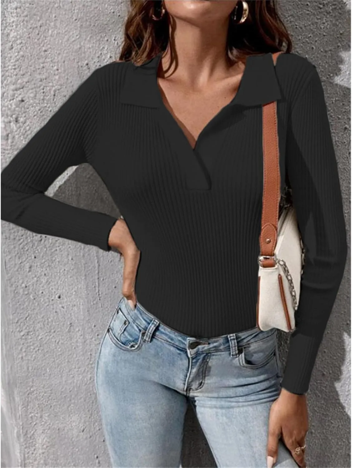 Womens Cable Knit Sweater V Neck Slim Fit Long Sleeve Pullover 2023 Fashion Polo Sweatshirt Lapel Ribbed Shirts