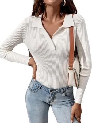 Womens Cable Knit Sweater V Neck Slim Fit Long Sleeve Pullover 2023 Fashion Polo Sweatshirt Lapel Ribbed Shirts