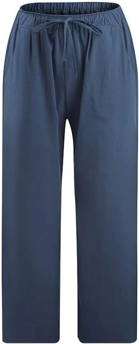 Womens Capris Casual Loose Drawstring Elastic Waist Linen Pants Beach Wear Trendy Summer Lounge Cropped Trouser 2025