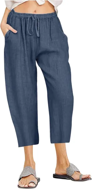 Womens Capris Casual Loose Drawstring Elastic Waist Linen Pants Beach Wear Trendy Summer Lounge Cropped Trouser 2025