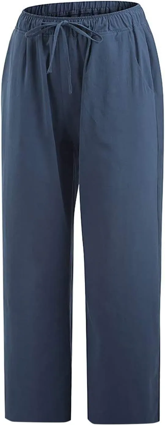 Womens Capris Casual Loose Drawstring Elastic Waist Linen Pants Beach Wear Trendy Summer Lounge Cropped Trouser 2025
