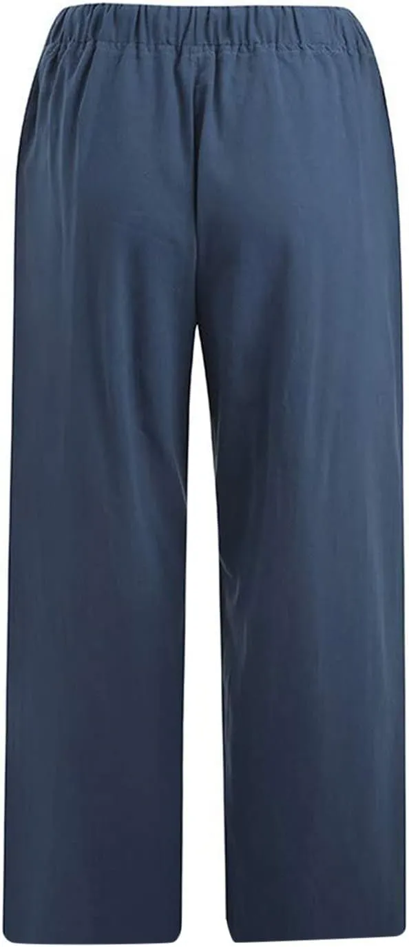 Womens Capris Casual Loose Drawstring Elastic Waist Linen Pants Beach Wear Trendy Summer Lounge Cropped Trouser 2025