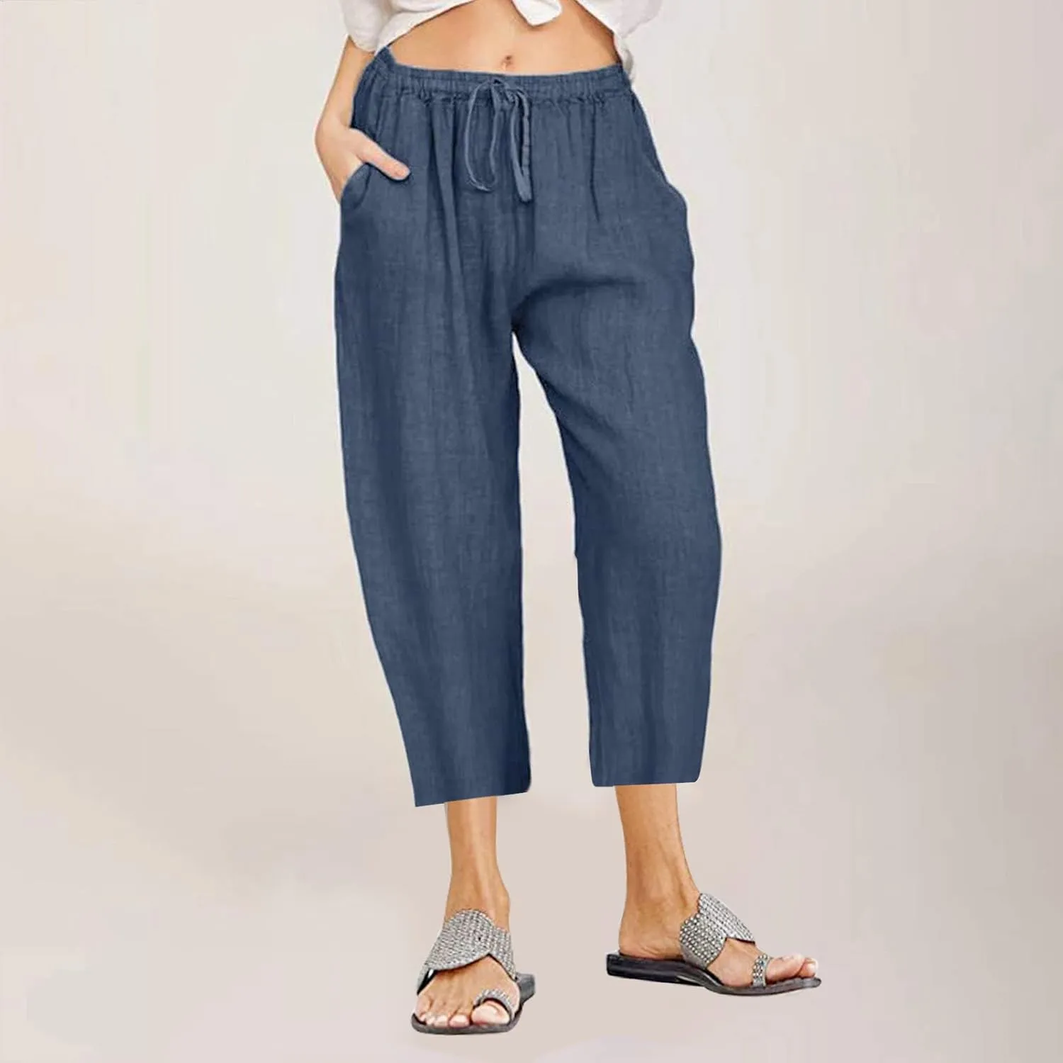 Womens Capris Casual Loose Drawstring Elastic Waist Linen Pants Beach Wear Trendy Summer Lounge Cropped Trouser 2025
