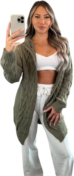 Womens Cardigan Chunky Cable Knitted Plain Longline Jumper Hooded Cape Open Front Winter Cardigans Sweater Top US 4-10