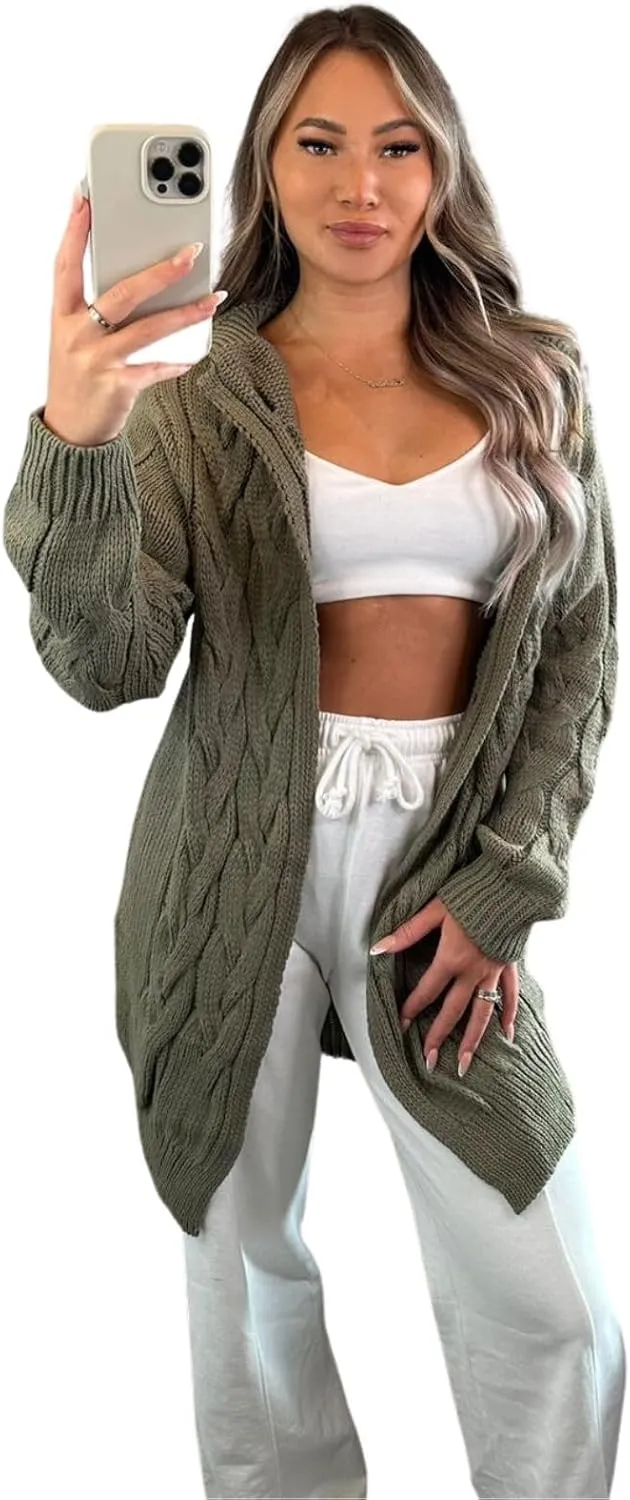 Womens Cardigan Chunky Cable Knitted Plain Longline Jumper Hooded Cape Open Front Winter Cardigans Sweater Top US 4-10