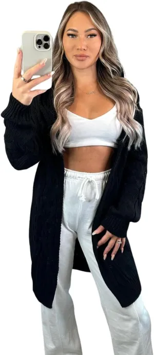 Womens Cardigan Chunky Cable Knitted Plain Longline Jumper Hooded Cape Open Front Winter Cardigans Sweater Top US 4-10
