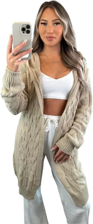 Womens Cardigan Chunky Cable Knitted Plain Longline Jumper Hooded Cape Open Front Winter Cardigans Sweater Top US 4-10