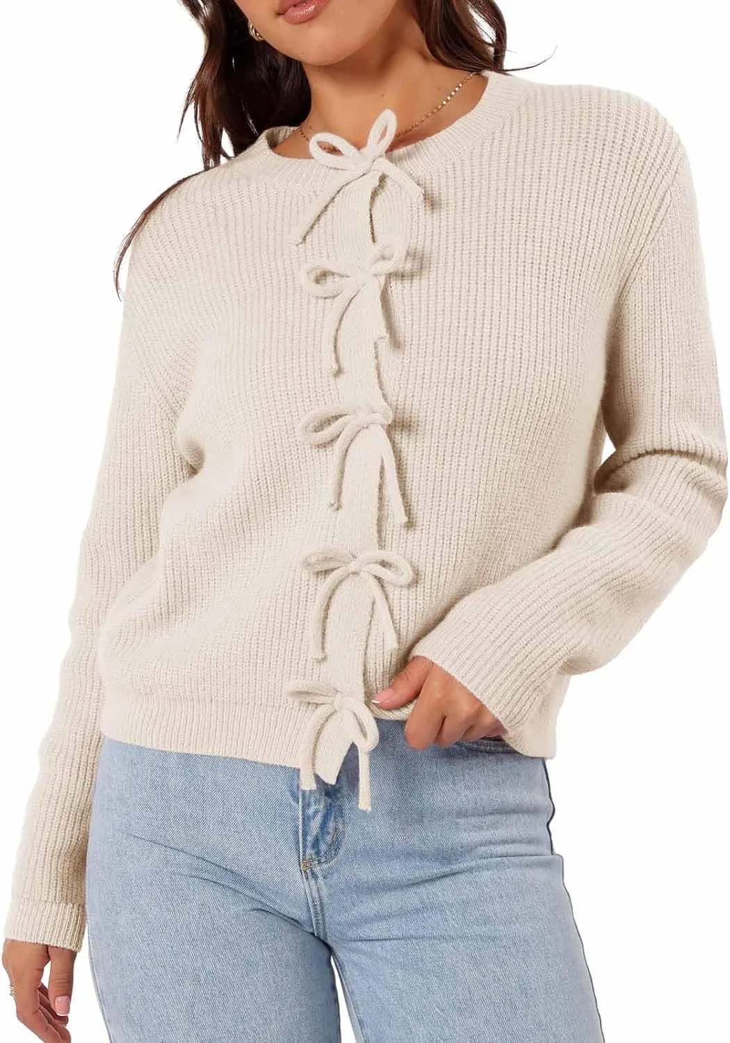 Women's Cardigan Sweaters Bow Button Down Cardigans Fall Fashion Clothes Knit Tie Open Front Coats