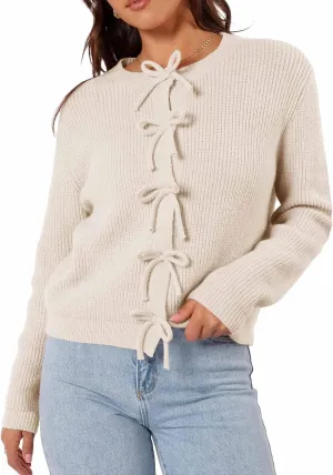 Women's Cardigan Sweaters Bow Button Down Cardigans Fall Fashion Clothes Knit Tie Open Front Coats