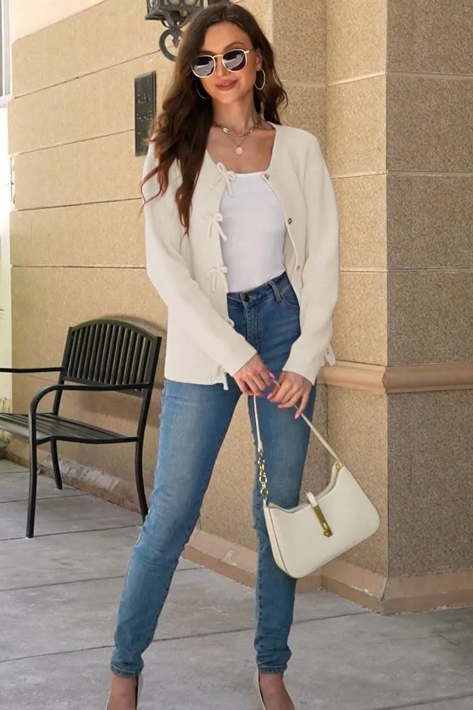 Women's Cardigan Sweaters Bow Button Down Cardigans Fall Fashion Clothes Knit Tie Open Front Coats
