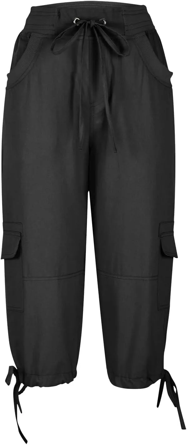 Womens Cargo Capris Summer Casual Cropped Linen Pants Low Rise Drawstring Outdoor Hiking Pants Cotton Bermuda Shorts