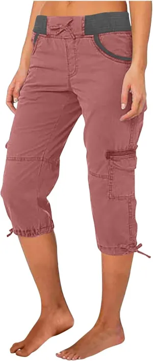 Womens Cargo Capris Summer Casual Cropped Linen Pants Low Rise Drawstring Outdoor Hiking Pants Cotton Bermuda Shorts