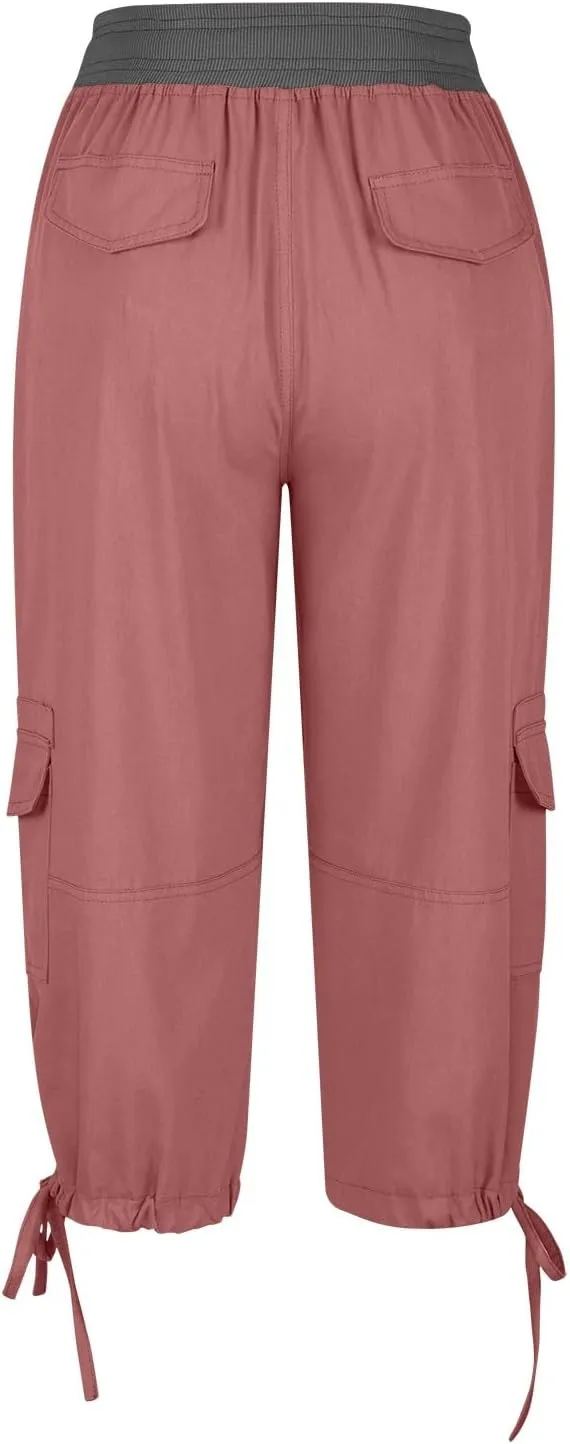 Womens Cargo Capris Summer Casual Cropped Linen Pants Low Rise Drawstring Outdoor Hiking Pants Cotton Bermuda Shorts