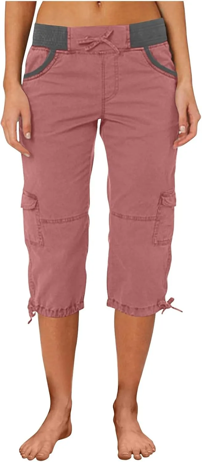 Womens Cargo Capris Summer Casual Cropped Linen Pants Low Rise Drawstring Outdoor Hiking Pants Cotton Bermuda Shorts