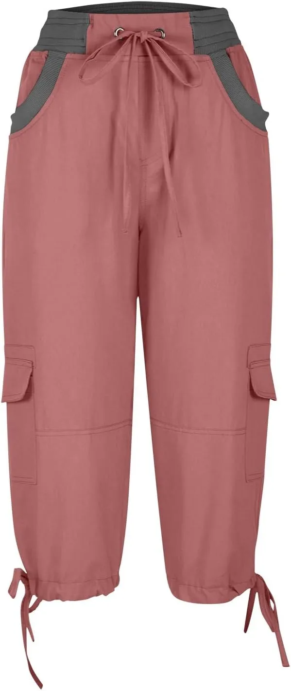 Womens Cargo Capris Summer Casual Cropped Linen Pants Low Rise Drawstring Outdoor Hiking Pants Cotton Bermuda Shorts