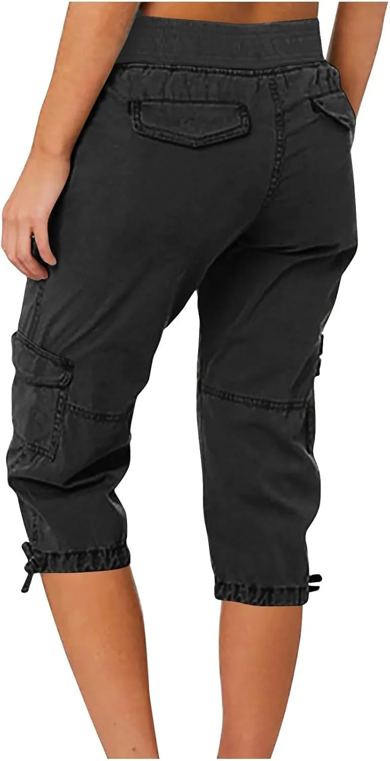 Womens Cargo Capris Summer Casual Cropped Linen Pants Low Rise Drawstring Outdoor Hiking Pants Cotton Bermuda Shorts