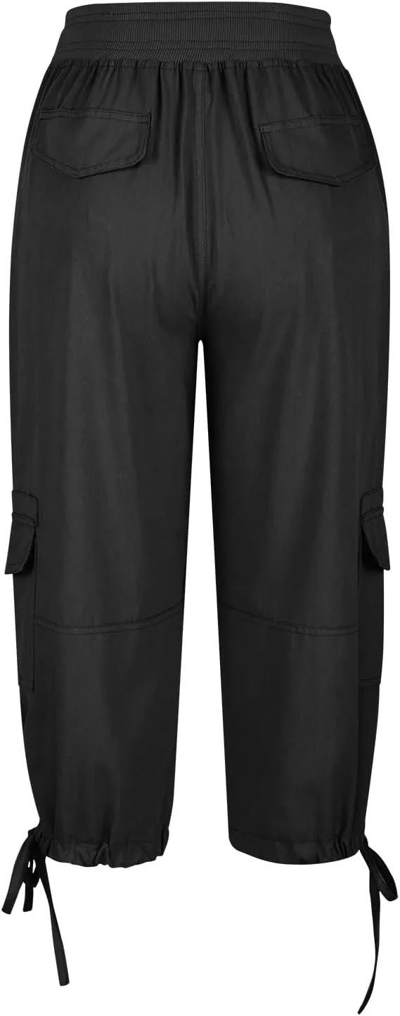 Womens Cargo Capris Summer Casual Cropped Linen Pants Low Rise Drawstring Outdoor Hiking Pants Cotton Bermuda Shorts