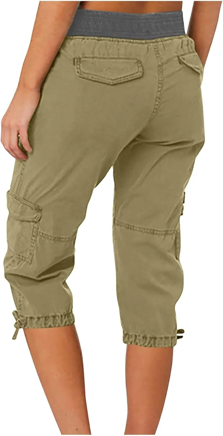 Womens Cargo Capris Summer Casual Cropped Linen Pants Low Rise Drawstring Outdoor Hiking Pants Cotton Bermuda Shorts