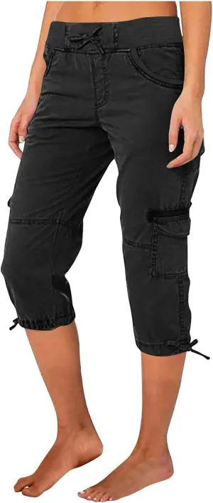 Womens Cargo Capris Summer Casual Cropped Linen Pants Low Rise Drawstring Outdoor Hiking Pants Cotton Bermuda Shorts