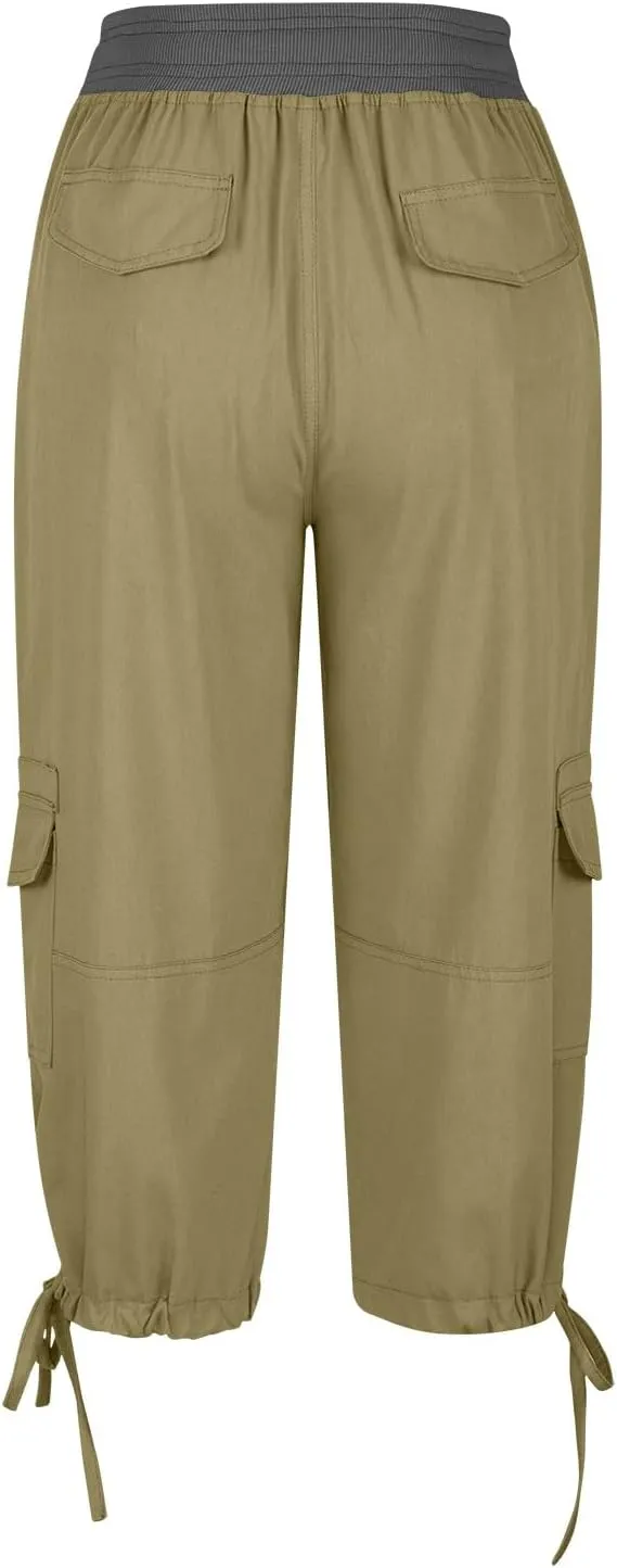 Womens Cargo Capris Summer Casual Cropped Linen Pants Low Rise Drawstring Outdoor Hiking Pants Cotton Bermuda Shorts