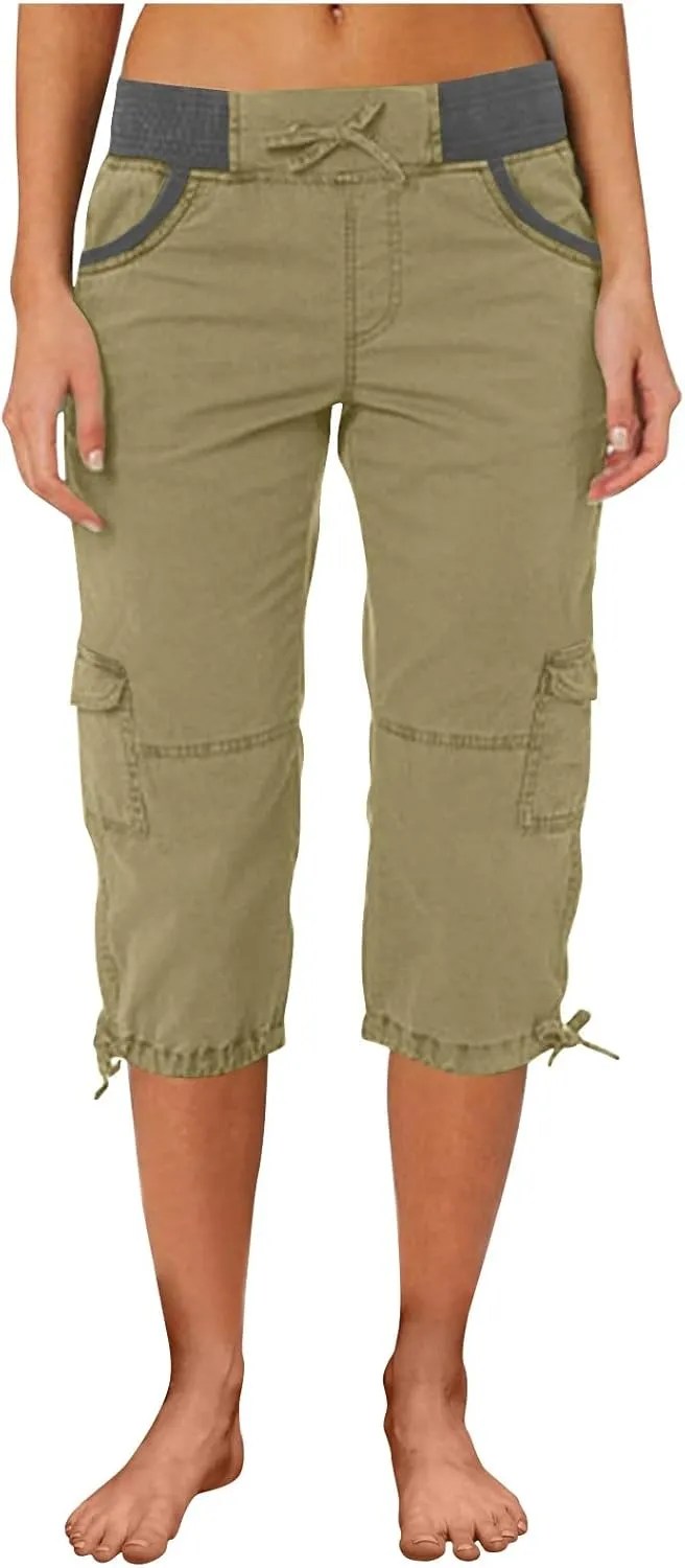 Womens Cargo Capris Summer Casual Cropped Linen Pants Low Rise Drawstring Outdoor Hiking Pants Cotton Bermuda Shorts
