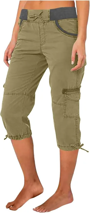 Womens Cargo Capris Summer Casual Cropped Linen Pants Low Rise Drawstring Outdoor Hiking Pants Cotton Bermuda Shorts