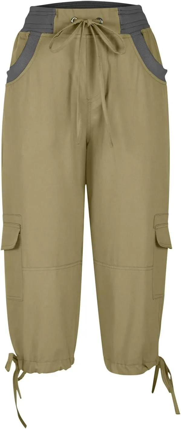 Womens Cargo Capris Summer Casual Cropped Linen Pants Low Rise Drawstring Outdoor Hiking Pants Cotton Bermuda Shorts